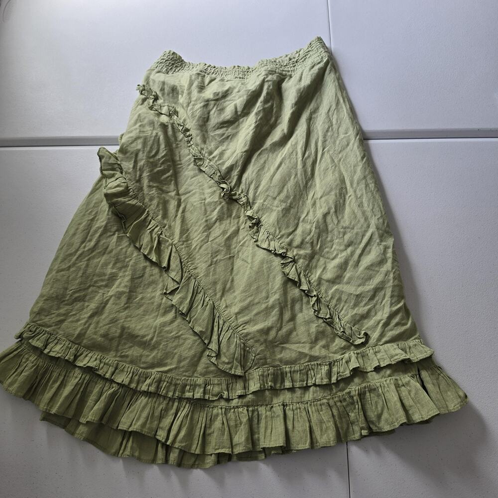 Free People Skirt Womens 8 Green Ruffle Layered Wrap Midi Boho Cotton Fairy Y2K - Picture 2 of 7